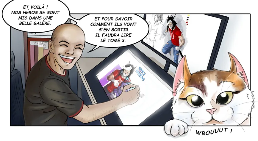 Jean-Mathias Xavier s'est dessiné en train de créer une planche de Space Kittens